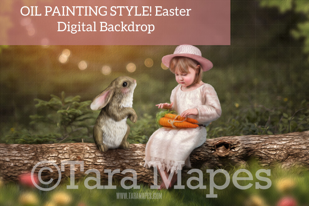 Easter Digital Backdrop - OIL PAINTING STYLE! Easter Bunny in Forest on Log - Whimsical Easter Scene - Easter Bunny on Log in Forest Digital Background / Backdrop
