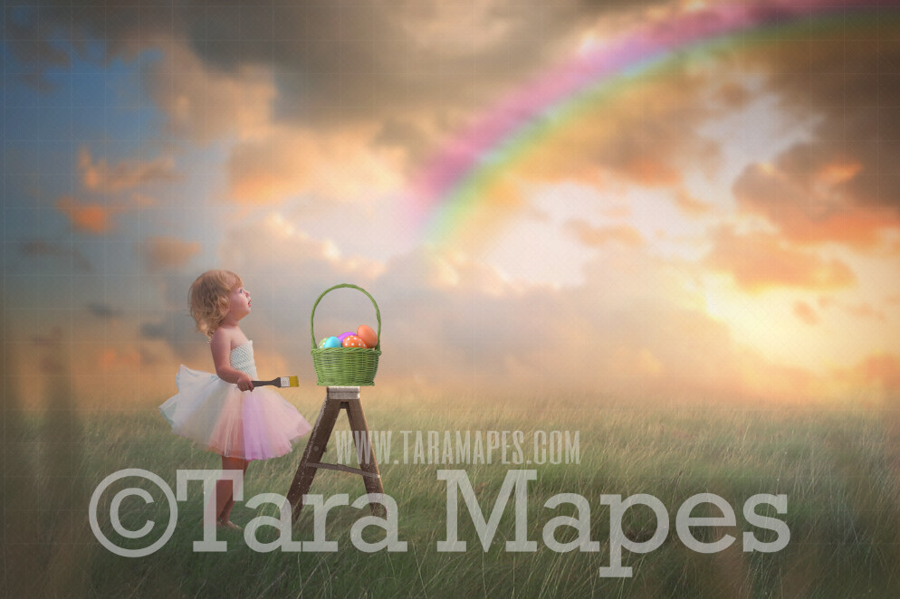 Easter Digital Backdrop - Easter Basket on Ladder in Soft Field with Rainbow- JPG FILE - Digital Background / Backdrop