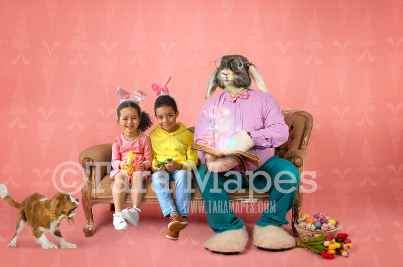 Easter Bunny Digital Backdrop - Easter Bunny Reading Magical Book on Couch - Whimsical Easter Scene - Easter Bunny Studio - Easter Digital Background / Backdrop JPG
