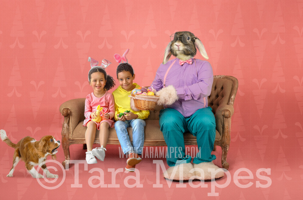 Easter Bunny Digital Backdrop - Easter Bunny with Easter Basket on Couch - Whimsical Easter Scene - Easter Bunny Studio - Easter Digital Background / Backdrop JPG