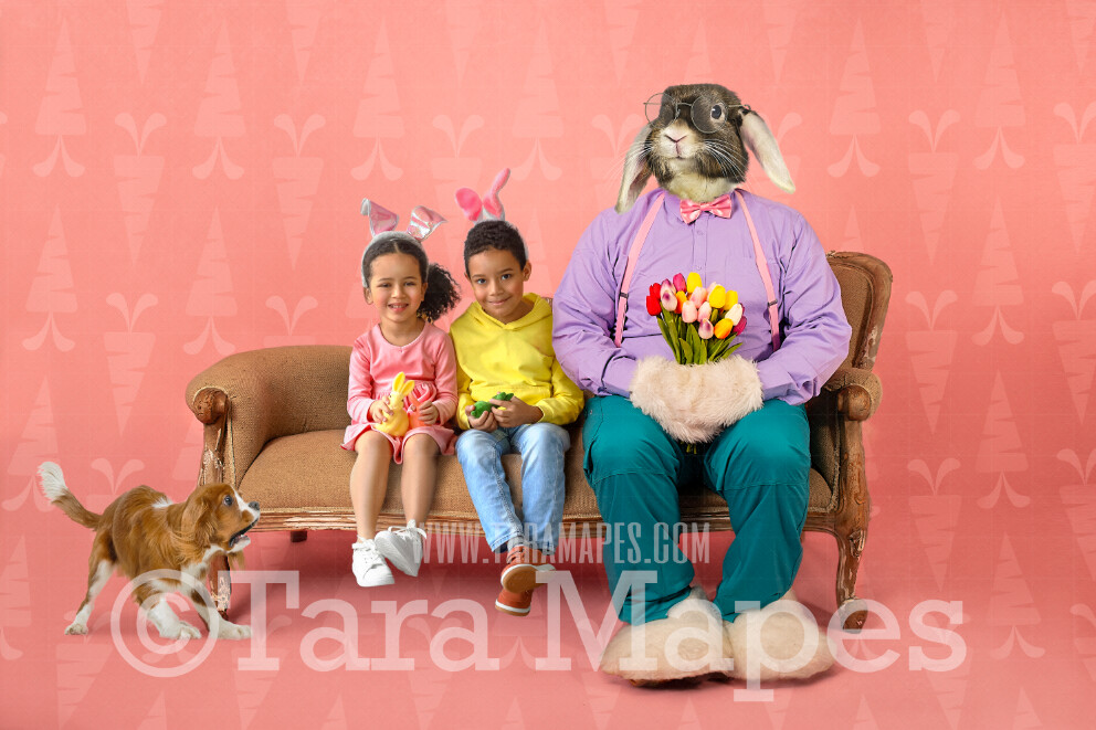 Easter Bunny Digital Backdrop - Easter Bunny with Tulips on Couch - Whimsical Easter Scene - Easter Bunny Studio - Easter Digital Background / Backdrop JPG