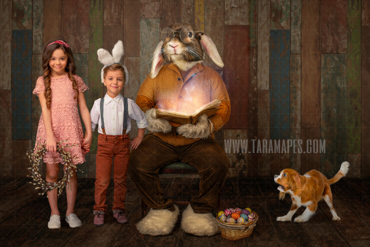 Easter Bunny Digital Backdrop - Easter Bunny with Magic Book in Studio - Fine Art Easter Bunny - Warm Cozy - Easter Bunny Studio - Easter Digital Background / Backdrop JPG