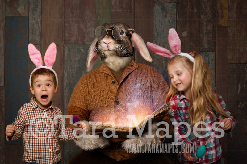 Easter Bunny Digital Backdrop - Easter Bunny Reading Magic Book 2 - Fine Art Easter Bunny - Warm Cozy - Easter Bunny Studio - Easter Digital Background / Backdrop JPG
