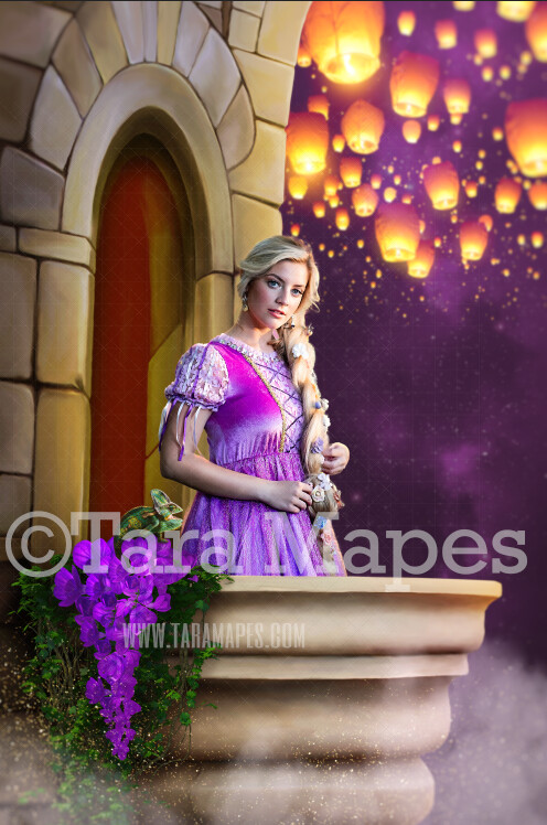 Princess Tower with Sky Lanterns- Fairytale Balcony with Chameleon and Flowers - Castle Tower Digital Background / Backdrop - Rapunzel Tower