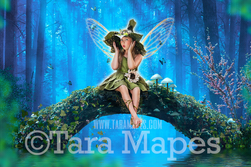 Fairy Digital Background - Tree Fairy Log in Enchanted Forest- Fairy Arch Log over Pond - Photoshop Digital Background / Backdrop