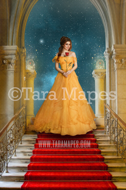 Princess Castle Staircase on Bright Night -  Belle Castle Stairs with Magical Roses Fairytale Castle Stairs - Digital Background Backdrop Photoshop