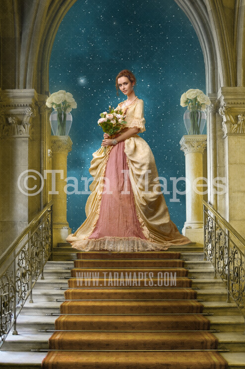 Princess Castle Staircase on Bright Night -  Painterly Castle Stairs with Carpet - Victorian Castle Stairs - Digital Background Backdrop Photoshop