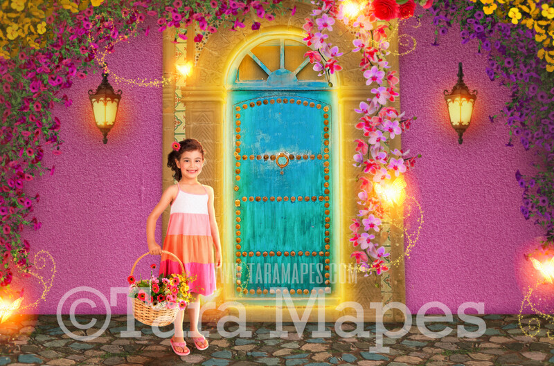 Spanish House with Magic Door with Butterflies- Magic Spell Door - Puerta Encanto (Charm Door) - Digital Backdrop Digital Background JPG file