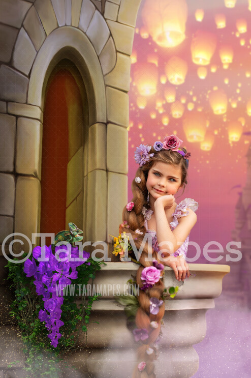 Princess Tower with Sky Lanterns- Fairytale Balcony with Chameleon and Flowers - Castle Tower Digital Background / Backdrop - Rapunzel Tower