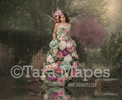 Fairy Pond Digital Backdrop - Spring Garden by Pond - Natural Digital Background