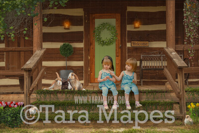 Spring Cabin Digital Backdrop - Bunnies and Flowers Easter Cabin Spring Scene - JPG FILE - Digital Background / Backdrop