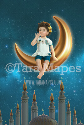 Eid Ramadan Moon Over Mosque - Sitting on the Moon Scene - Whimsical Ramadan Crescent Moon Over Mosque Digital Background JPG file