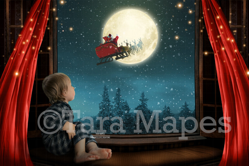 Christmas Window Digital Background with Blowing Red Curtains  -Christmas Window Overlooking Pines with Santa in Moon - Christmas Digital Background Backdrop
