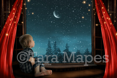 Christmas Window with Blowing Red Curtains  -Christmas Window Overlooking Pines - Christmas Digital Background Backdrop
