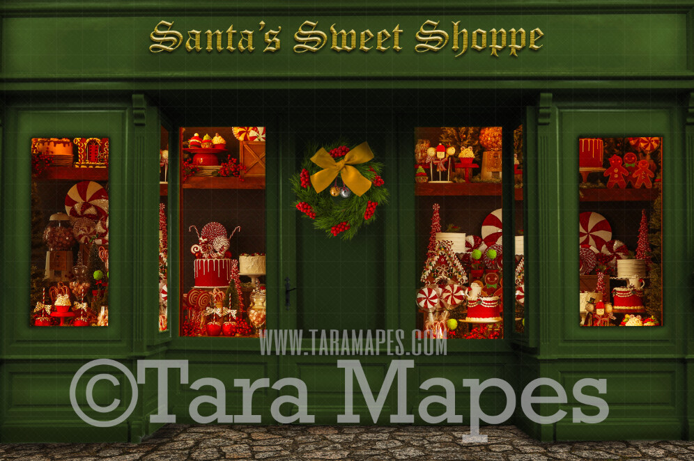 Christmas Digital Background - Christmas Storefront - Green Christmas Store - Christmas Shop- Santa Sweet Shop Store - FREE SNOW OVERLAY included
