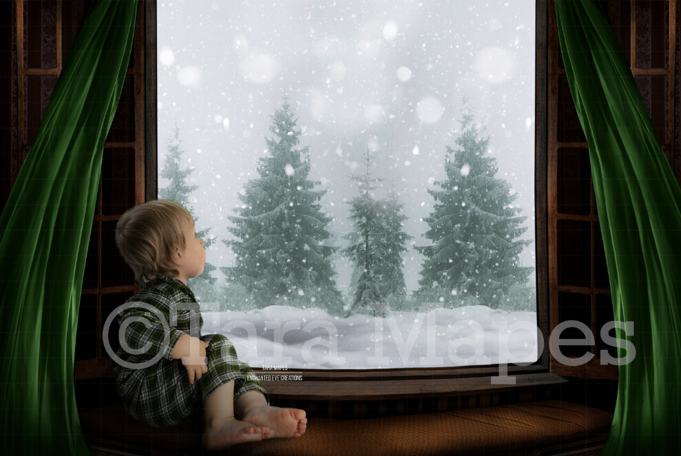 Christmas Window Digital Background - Winter Window with Blowing Green Curtains  -Christmas Window Overlooking Pines - Christmas Digital Background Backdrop
