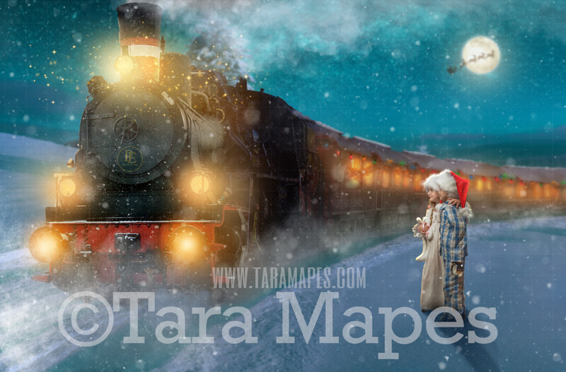 Christmas Train - Holiday Train - Magical Christmas Express Train in Snow - Digital Background Backdrop - Free snow overlay