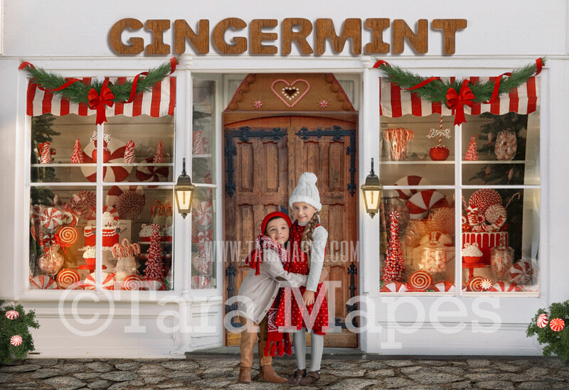 Christmas Digital Background - Gingermint Christmas Storefront - Gingerbread Shop- Christmas Windows - Christmas Shop Digital Backdrop -  FREE SNOW OVERLAY included - Storefront