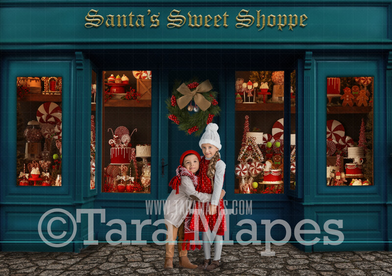 Christmas Digital Background - Christmas Storefront - Blue Christmas Store - Christmas Shop- Santa Sweet Shop Store - FREE SNOW OVERLAY included