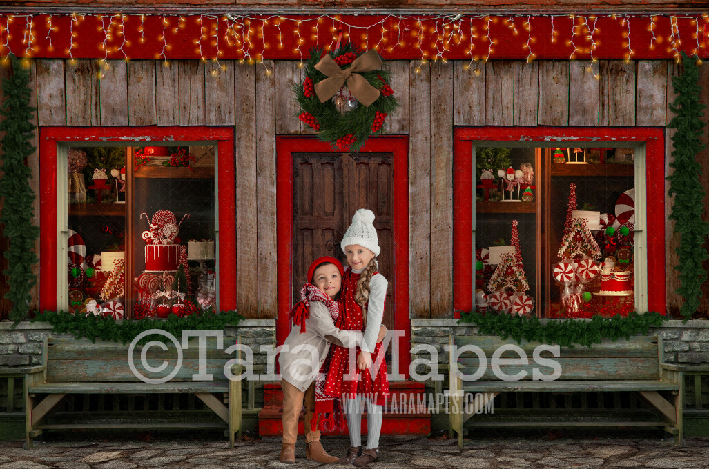 Christmas Shop Digital Background - Christmas Storefront - Rustic Sweet Shop - Christmas Shop- Santa Sweet Shop Store - FREE SNOW OVERLAY included