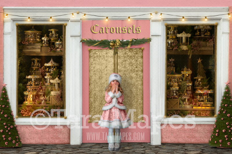 Christmas Digital Background - Pink Christmas Shop - Carousel Shop - Christmas Toy Shop Storefront - Christmas Shop- Pink and Gold Store - FREE SNOW OVERLAY included