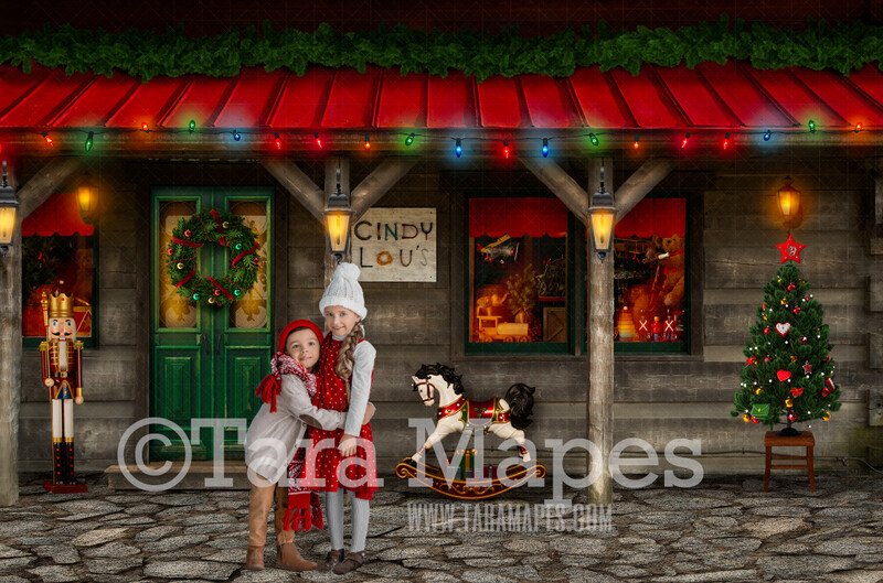 Christmas Shop Digital Background - Cindy Lou's Christmas Storefront - Rustic Toy Shop - Christmas Shop- Santa's Toy Shop Store - FREE SNOW OVERLAY included