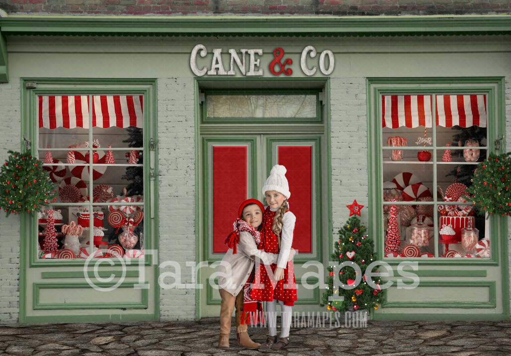 Cane and Co Christmas Candy Shop Digital Background - Christmas Storefront - Rustic Christmas Toy Shop - Santa Toy Shop Store - FREE SNOW OVERLAY included