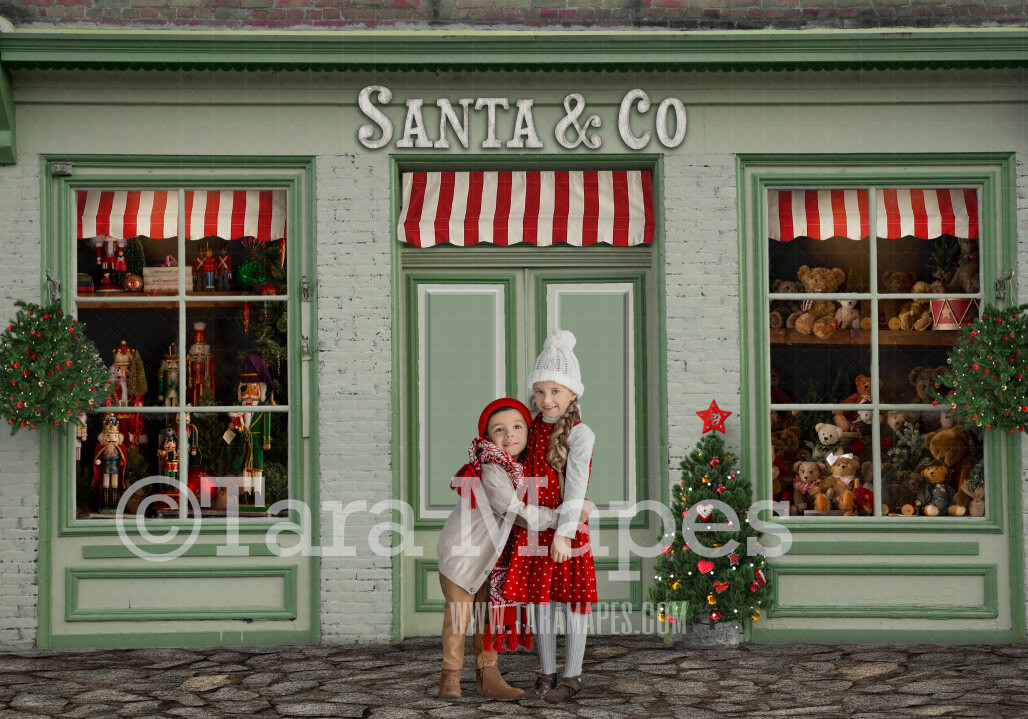 Santa and Co Christmas Shop Digital Background - Christmas Storefront - Rustic Christmas Toy Shop Digital Backdrop - Santa Toy Shop Store JPG file - FREE SNOW OVERLAY included
