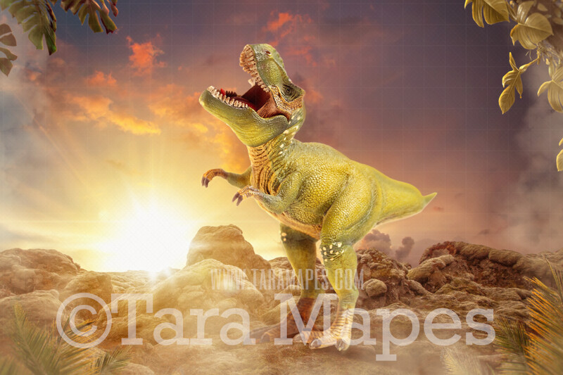 Dinosaur Digital Backdrop - Dino on Rocks - T-Rex Tyrannosaurus Rex - Nice Dinosaur at Sunset on Cliff Digital Background / Backdrop
