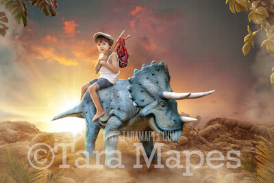 Triceratops Dinosaur Digital Background - Dino on Rocks - Digital Background / Backdrop