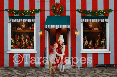 Christmas Toy Shop Digital Background - Christmas Storefront - Santa&#39;s Workshop - Santa Toy Shop Store - FREE SNOW OVERLAY included