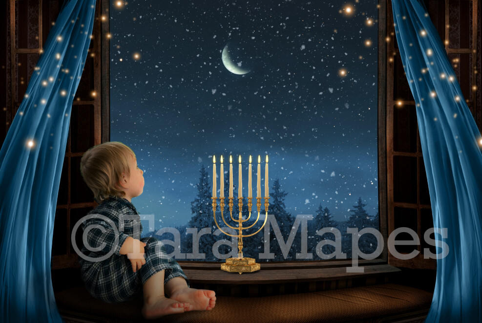 Hanukkah Menorah Digital Backdrop - 7 Candle Temple Menorah in Window  - Jewish Chanukah Background - Holiday Digital Background Backdrop