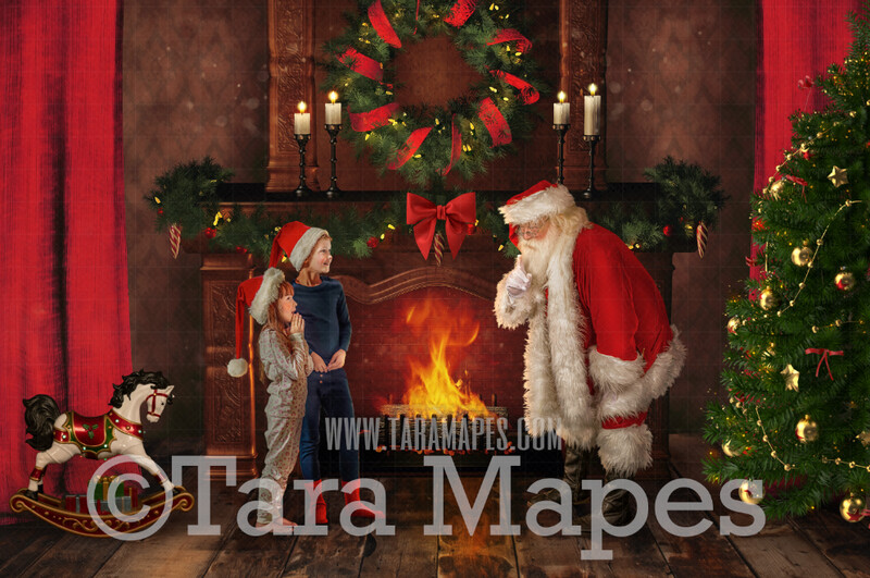 Santa Digital Backdrop -  Santa by Fireplace  - Christmas Fireplace with Santa - Christmas Digital Background by Tara Mapes
