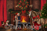 Santa Digital Backdrop -  Victorian Santa by Fireplace with Rudolph  - Christmas Fireplace with Santa - Christmas Digital Background by Tara Mapes