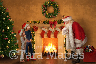 Santa Digital Backdrop -  Santa by Fireplace with Tree and Gift Bag  - Christmas Fireplace with Stockings and Santa - Christmas Digital Background by Tara Mapes