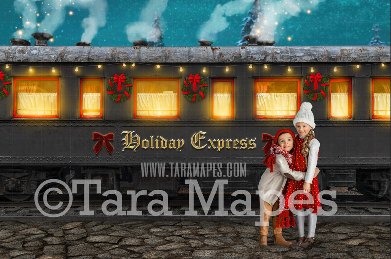 Christmas Train - Holiday Express Train by Train Platform - Magical Christmas Train Side View- Christmas Train Digital Background Backdrop - Free Snow overlay