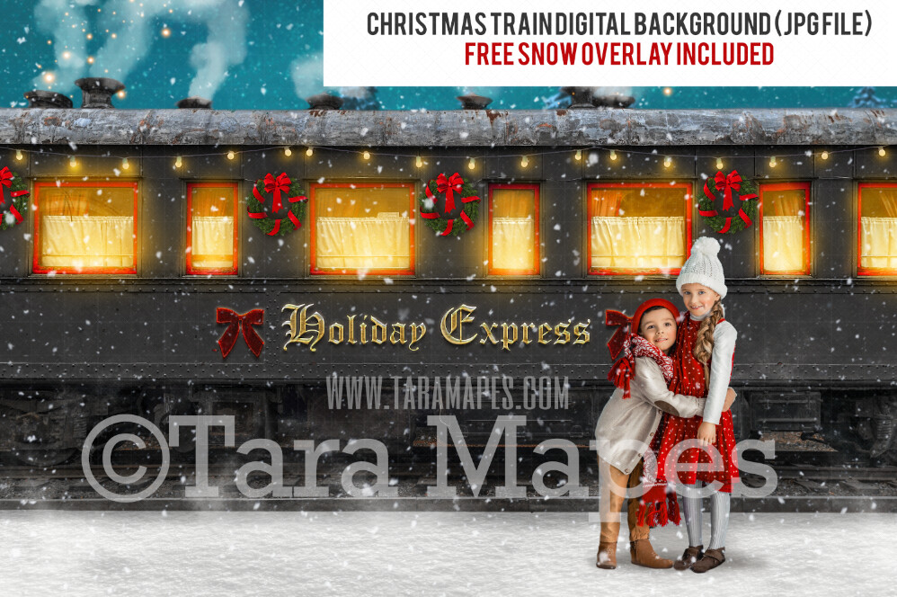 Christmas Train - Holiday Express Train in Snow - Magical Christmas Train Side View- Christmas Train Digital Background Backdrop - Free Snow overlay
