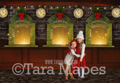 Christmas Train Station Digital Backdrop - Train Ticket Booth - Train Platform - Train Ticketing Window -Christmas Train Station Digital Background Backdrop - Free Snow overlay