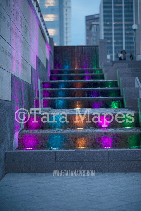 City Digital Background - Colorful Fountain on City Street - Fountain Lights Waterfall Stairs in Urban Setting - Colorful City Urban Scene Digital Background by Tara Mapes