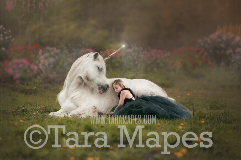 Unicorn Digital Backdrop - Unicorn in Field of Flowers - Unicorn Laying in Field Digital Background JPG