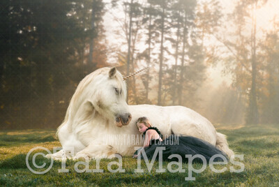 Unicorn Laying in Field Digital Background - Unicorn Digital Backdrop