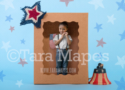 Fourth of July Digital Backdrop - Stars and Liberty Bell Doll Box Digital Backdrop - Patriotic Doll Box- Doll Box Digital LAYERED PSD - Child Independence Day Celebration Digital Background / Backdrop