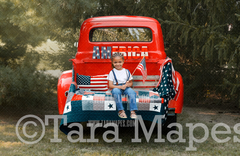 Americana Red Vintage Truck - Fourth of July American Red Truck -Patriotic Independence Day America Vintage Red Truck Digital Background Backdrop