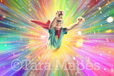 Superhero Explosion Digital Backdrop - Rainbow Super Hero Explosion Scene for Digital Background Backdrop
