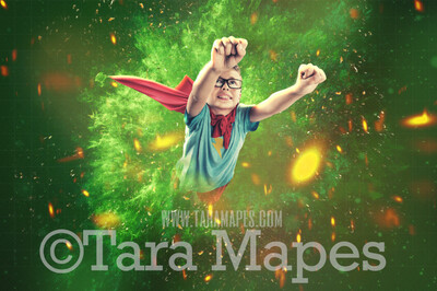 Superhero Explosion Digital Backdrop - Green Super Hero Explosion Scene for Digital Background Backdrop