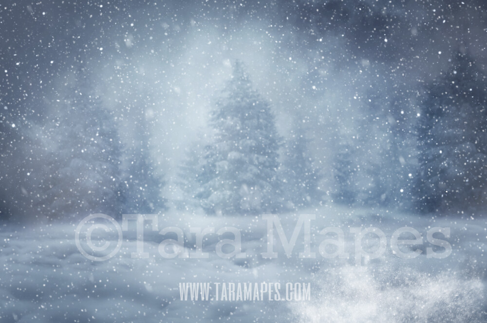 Winter Scene Digital Backdrop  - Snowy Landscape with Pine Trees Digital Background - Separate Snow Overlay - Christmas Winter Digital Background Backdrop