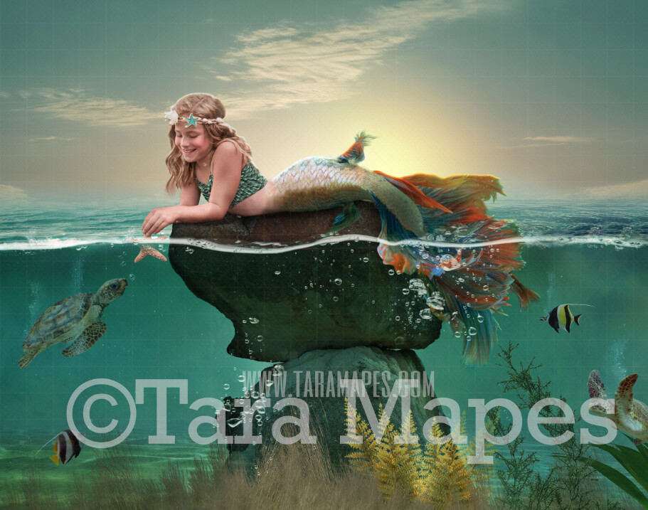 Mermaid Digital Backdrop - Mermaid Rock in Ocean -  Layered PSD Mermaid Digital Background Backdrop - Separate Element Layers
