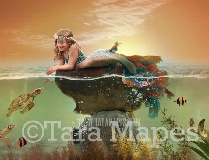 Mermaid Digital Backdrop - Mermaid Rock in Ocean - Layered PSD Mermaid Digital Background Backdrop - Separate Element Layers