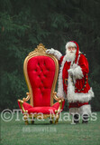 Santa in Throne with Free Snow Overlay - Santa in Christmas Chair by Pine Trees - Outdoor Christmas Holiday Digital Background Backdrop