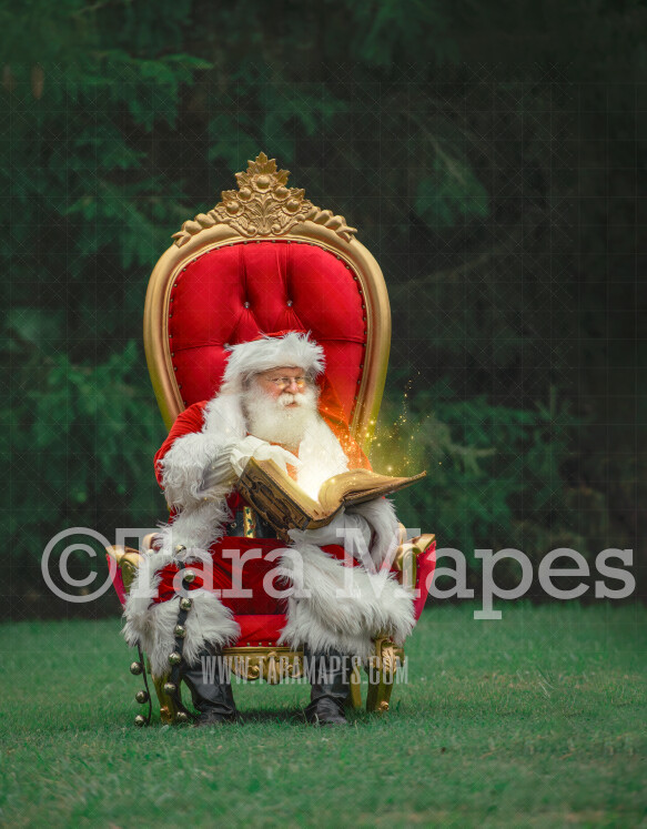 Santa in Throne with Free Snow Overlay - Santa in Christmas Chair by Pine Trees - Outdoor Christmas Holiday Digital Background Backdrop